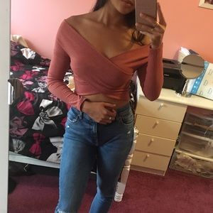 Coral off the shoulder long sleeve crop top